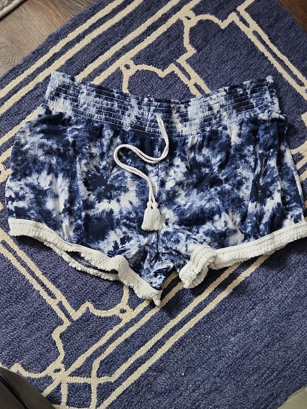 No Boundaries Navy Blue Tie-Dye Athletic Lounge Shorts with Tassel